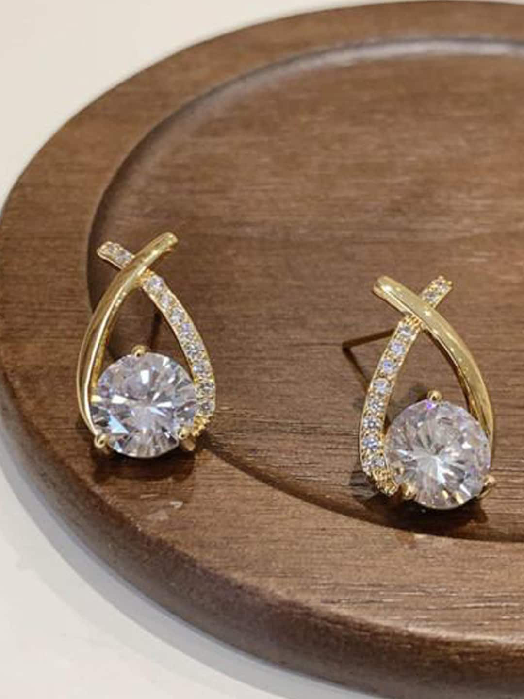 

Xivir Gold-Plated Stainless Steel Rhinestone Studded Studs Earrings