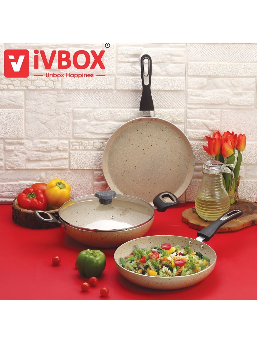 

iVBOX Brown 4-Pcs 5-Layer Granite Coating Kadhai and Wok