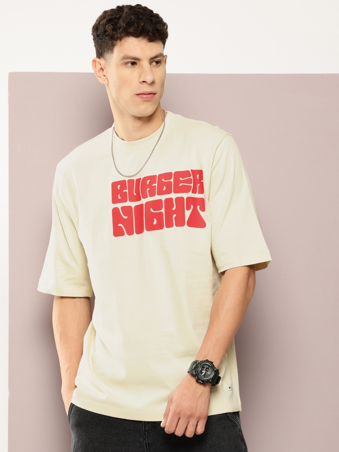 

Kook N Keech Men Graphic Printed Pure Cotton Oversized T-shirt, Beige