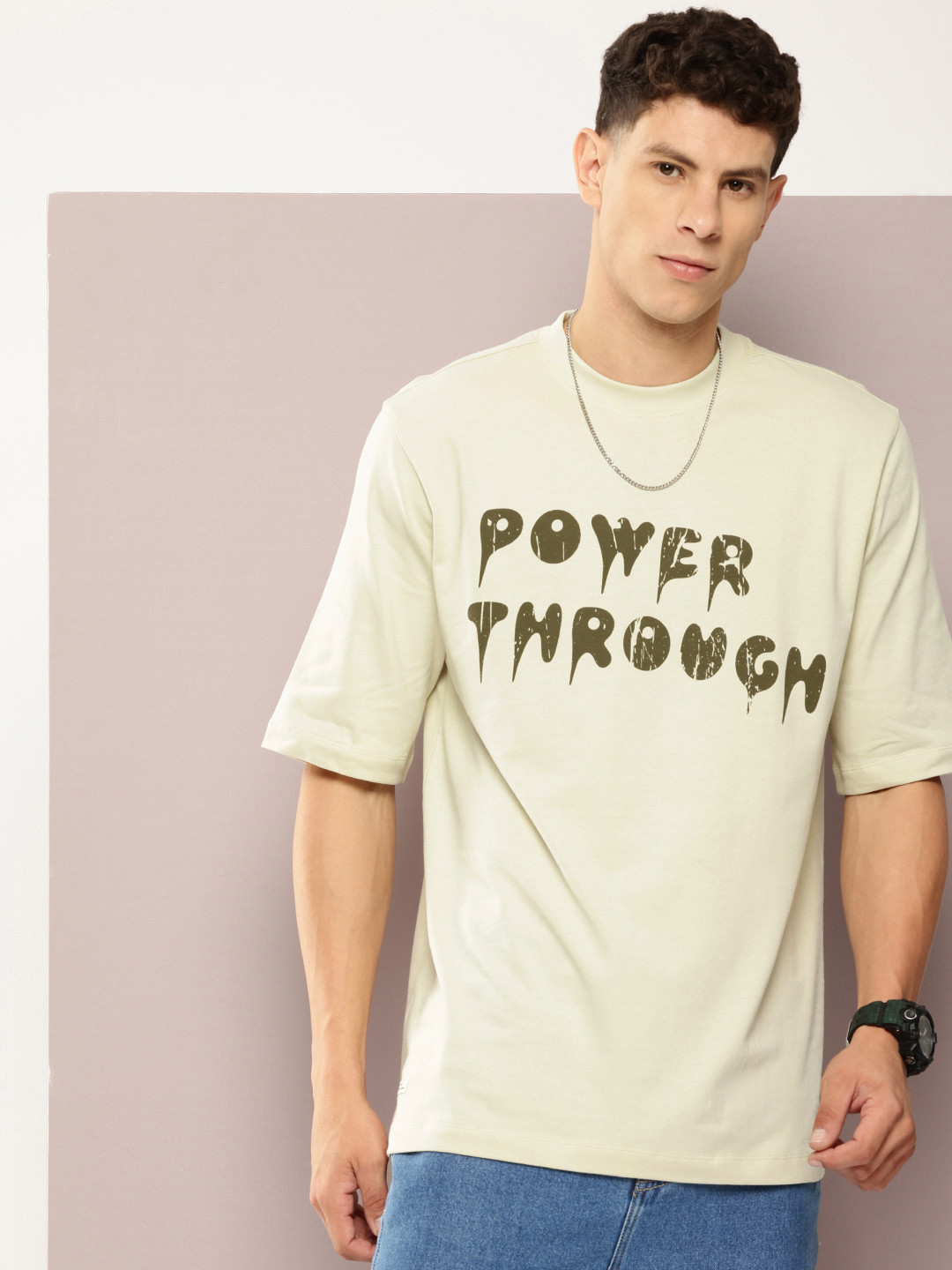 

Kook N Keech Men Graphic Printed Pure Cotton Oversized T-shirt, Beige