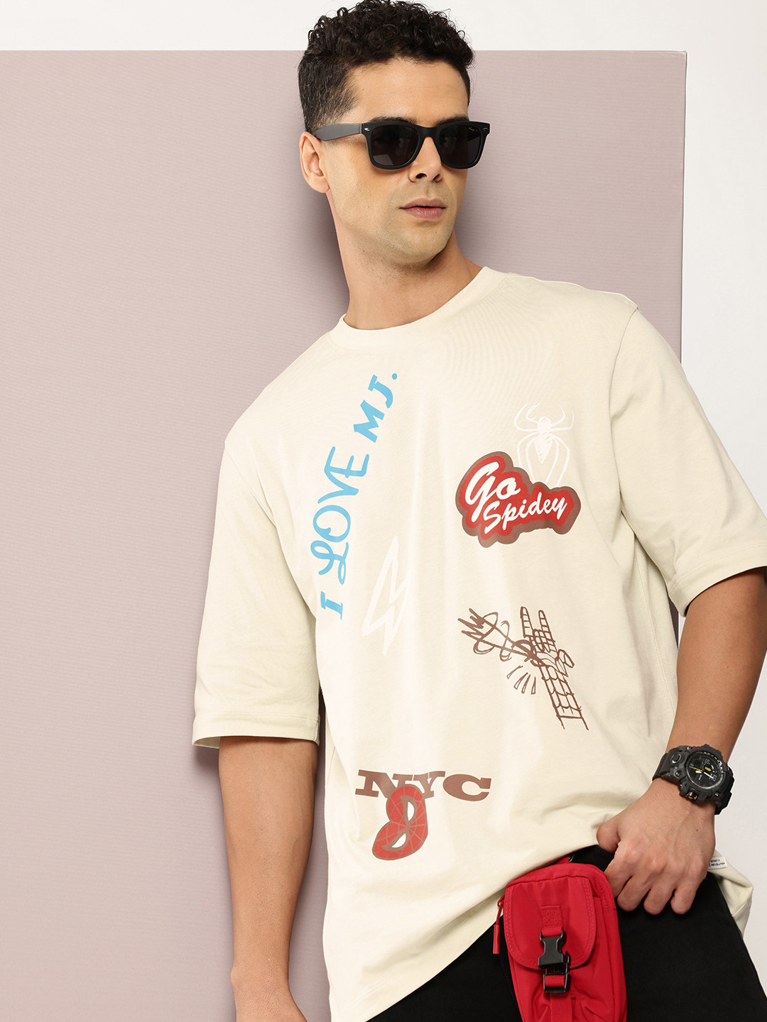 

Kook N Keech Men Graphic Printed Pure Cotton Oversized T-shirt, Beige