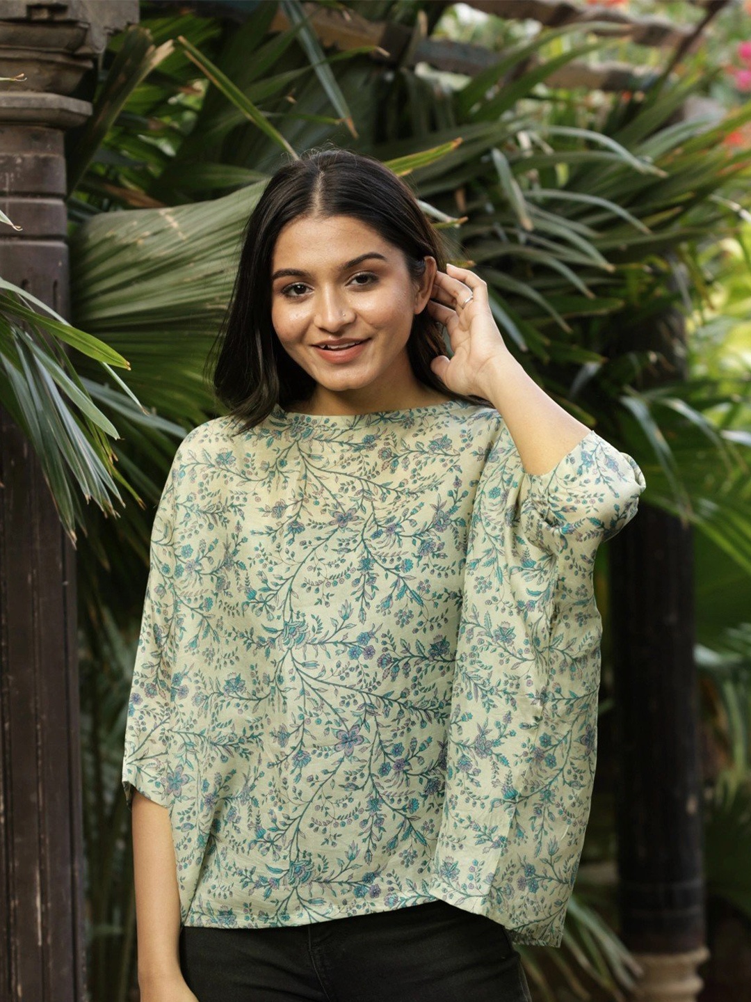 

Exotic India Floral Print Three-Quarter Sleeves Round Neck Pure Silk Top, Green