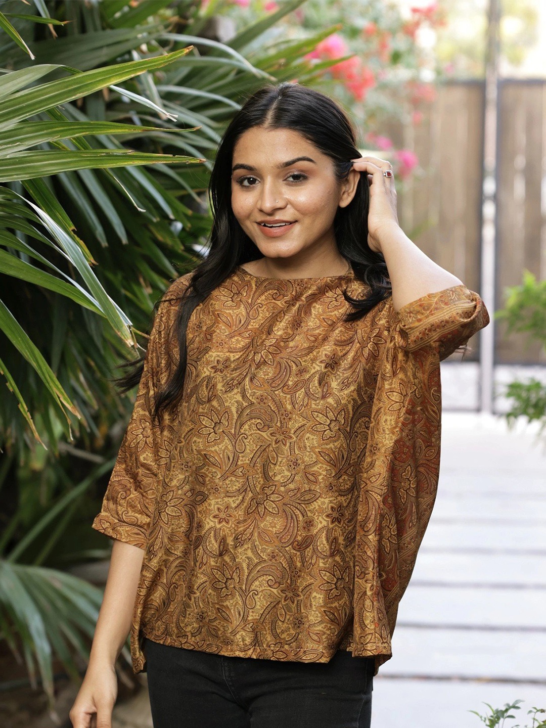 

Exotic India Floral Print Three-Quarter Sleeves Round Neck Pure Silk Top, Brown