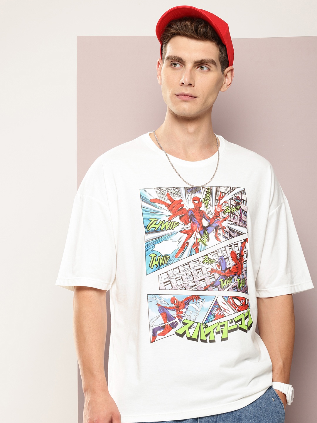

Kook N Keech Marvel Men Graphic Printed Drop-Shoulder Sleeves Oversized T-shirt, White