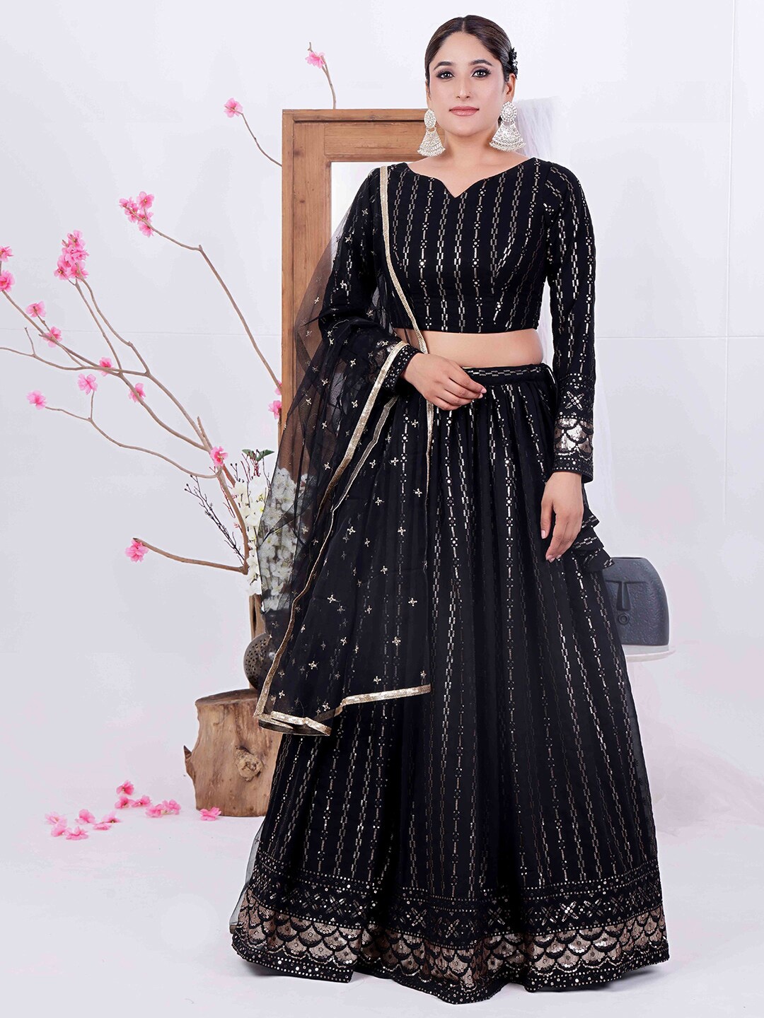 

Ethnovog Embroidered Sequinned Ready to Wear Lehenga & Blouse With Dupatta, Black