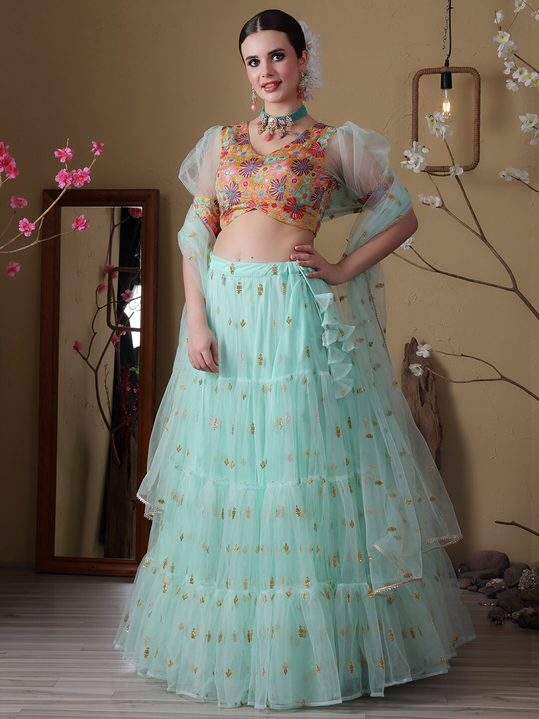 

Ethnovog Printed Sequinned Ready to Wear Lehenga & Blouse With Dupatta, Red