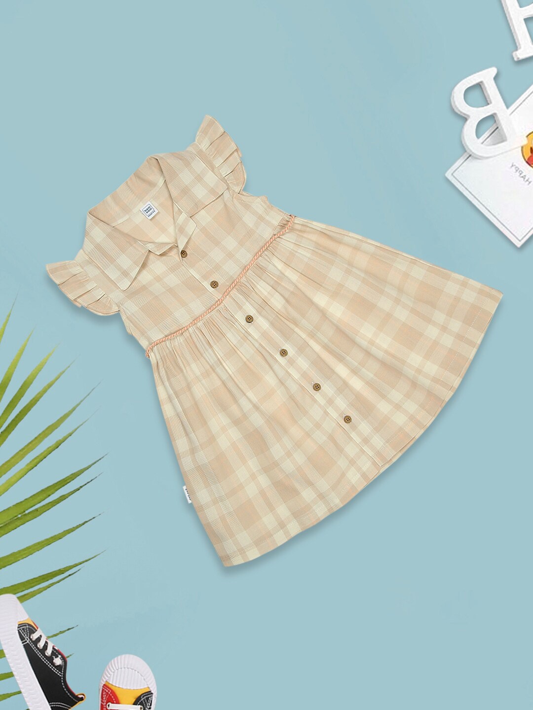 

MeeMee Girls Checked Flutter Sleeves Cuban Collar Cotton A-Line Dress, Beige