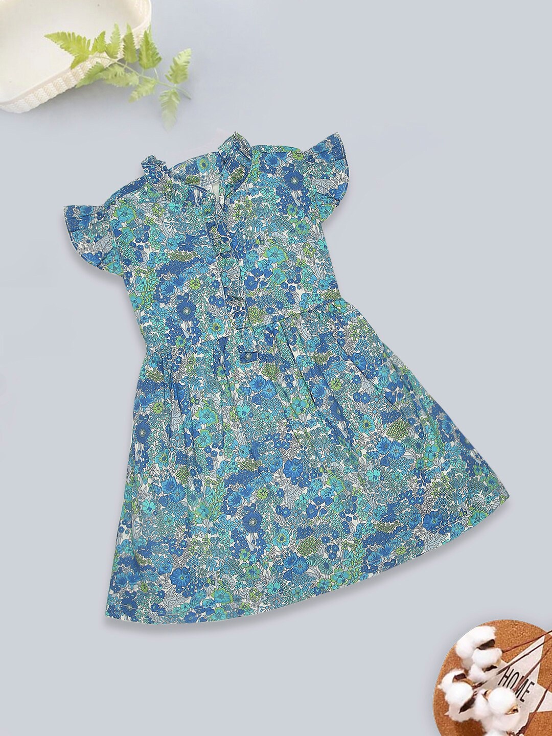 

MeeMee Girls Floral Print Flutter Sleeve Cotton Fit & Flare Dress, Blue