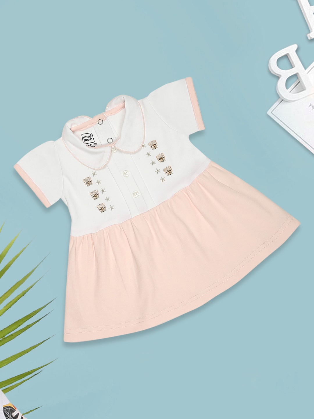 

MeeMee Girls Embroidered Shirt Collar Cotton Fit and Flare Dress, White