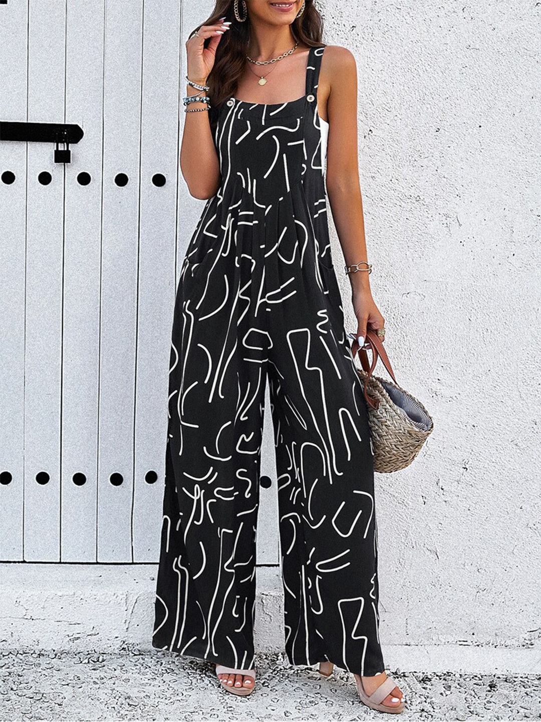 

all about you Printed Shoulder Straps Basic Jumpsuit, Black