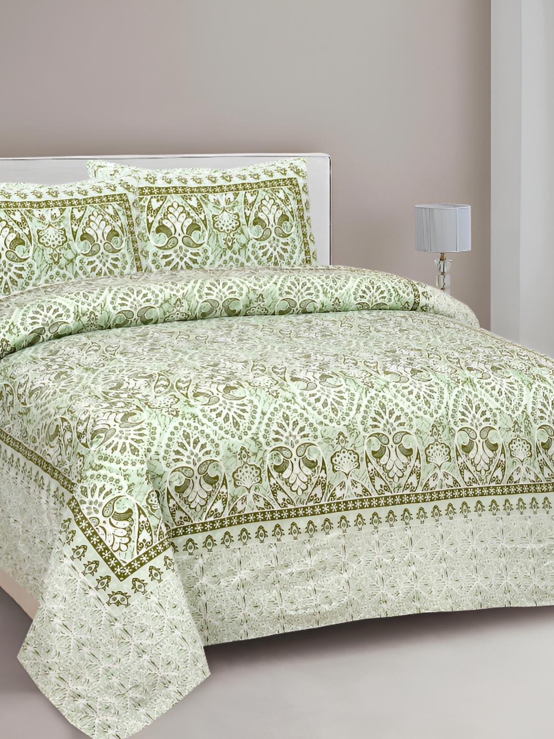 Lali Prints Green Ethnic Motifs 210 TC Cotton King Bedsheet with 2 Pillow Covers
