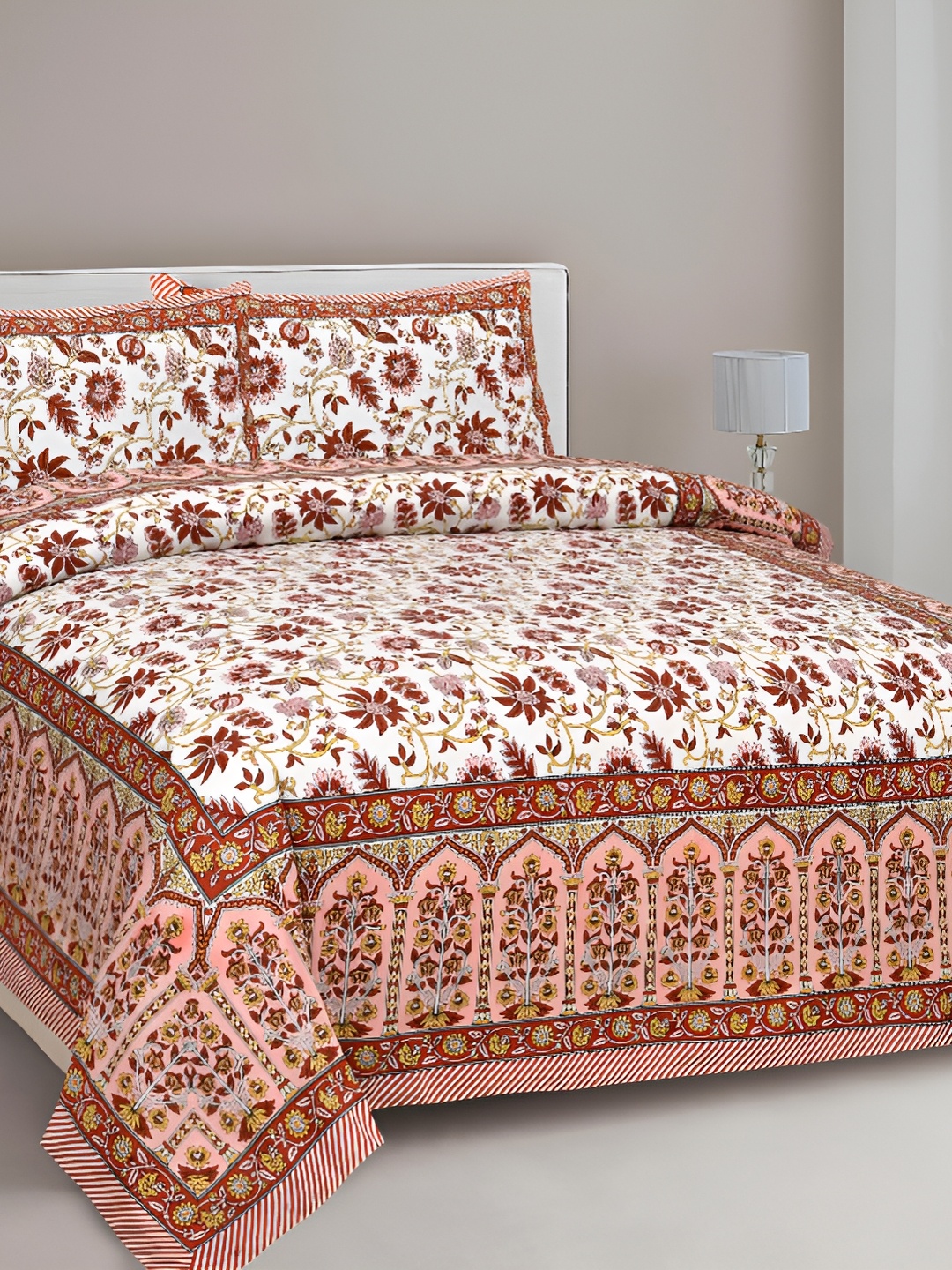 

Lali Prints Maroon & White Floral 210 TC Cotton King Bedsheet with 2 Pillow Covers
