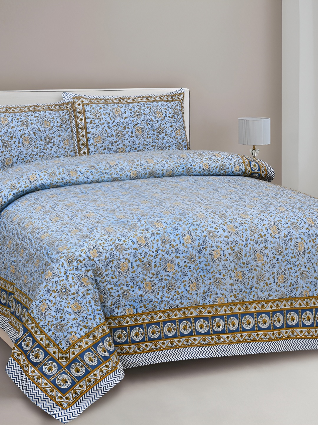 

Lali Prints Blue & Mustard Floral 210 TC Cotton King Bedsheet with 2 Pillow Covers