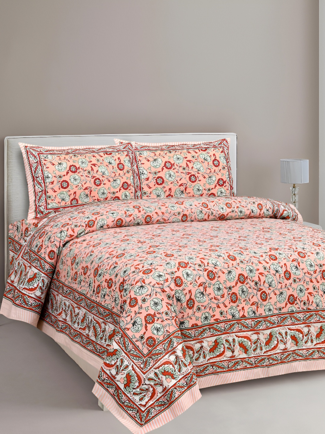 

Lali Prints Peach-Coloured & Green Floral 210 TC Cotton King Bedsheet with 2 Pillow Covers