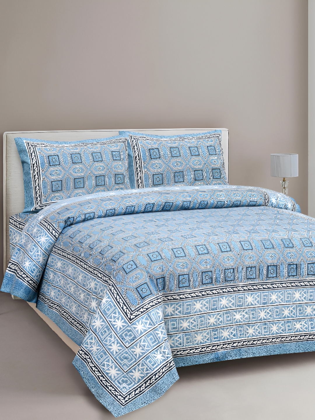 Lali Prints Blue & White Ethnic Motifs 210 TC Cotton King Bedsheet with 2 Pillow Covers