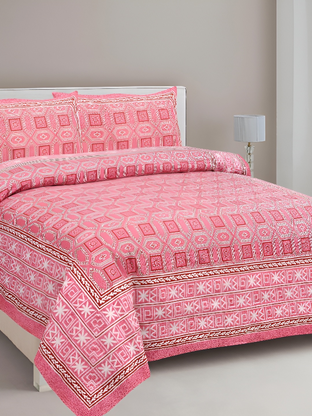 

Lali Prints Pink & White Ethnic Motifs 210 TC Cotton King Bedsheet with 2 Pillow Covers