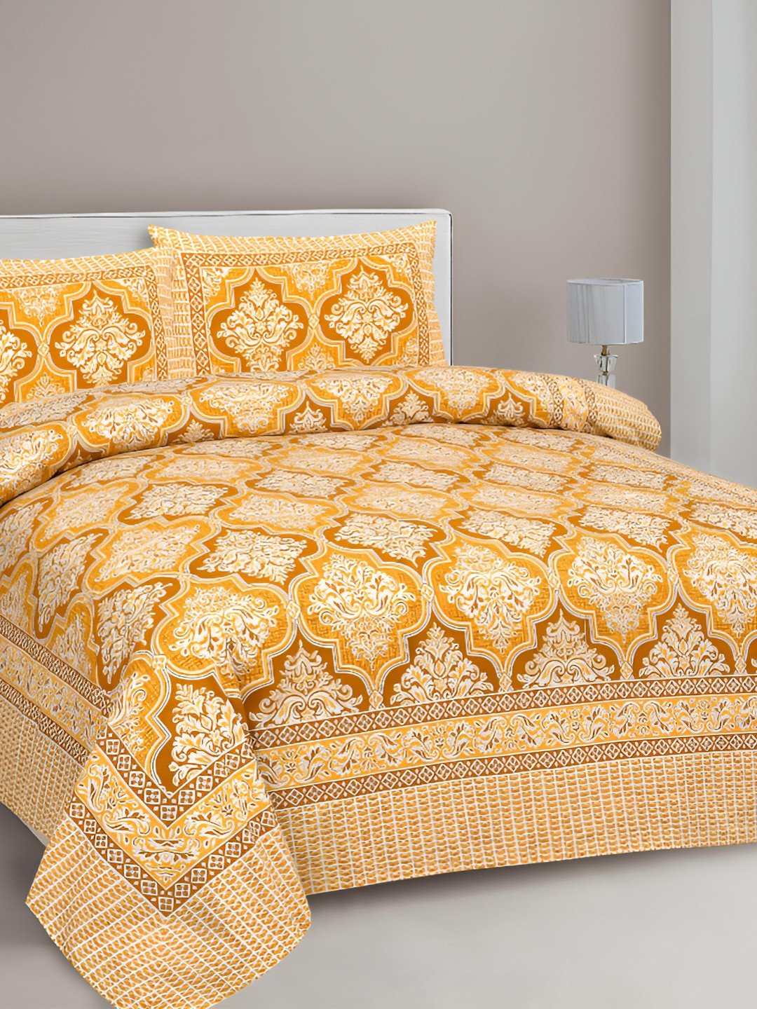 

Lali Prints Yellow & White Ethnic Motifs 210 TC Cotton King Bedsheet with 2 Pillow Covers