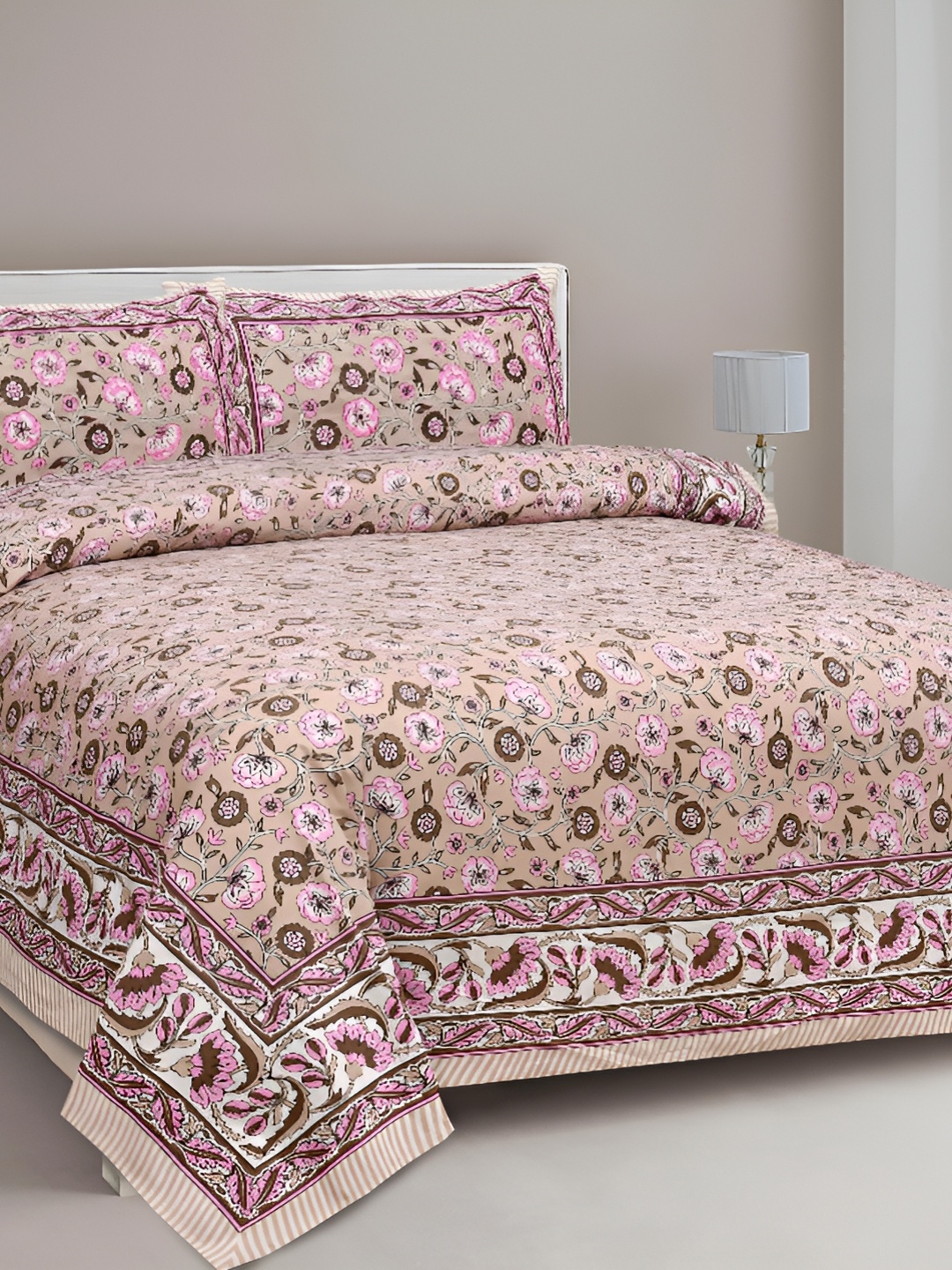 

Lali Prints Pink & Brown Floral 210 TC King Bedsheet with 2 Pillow Covers