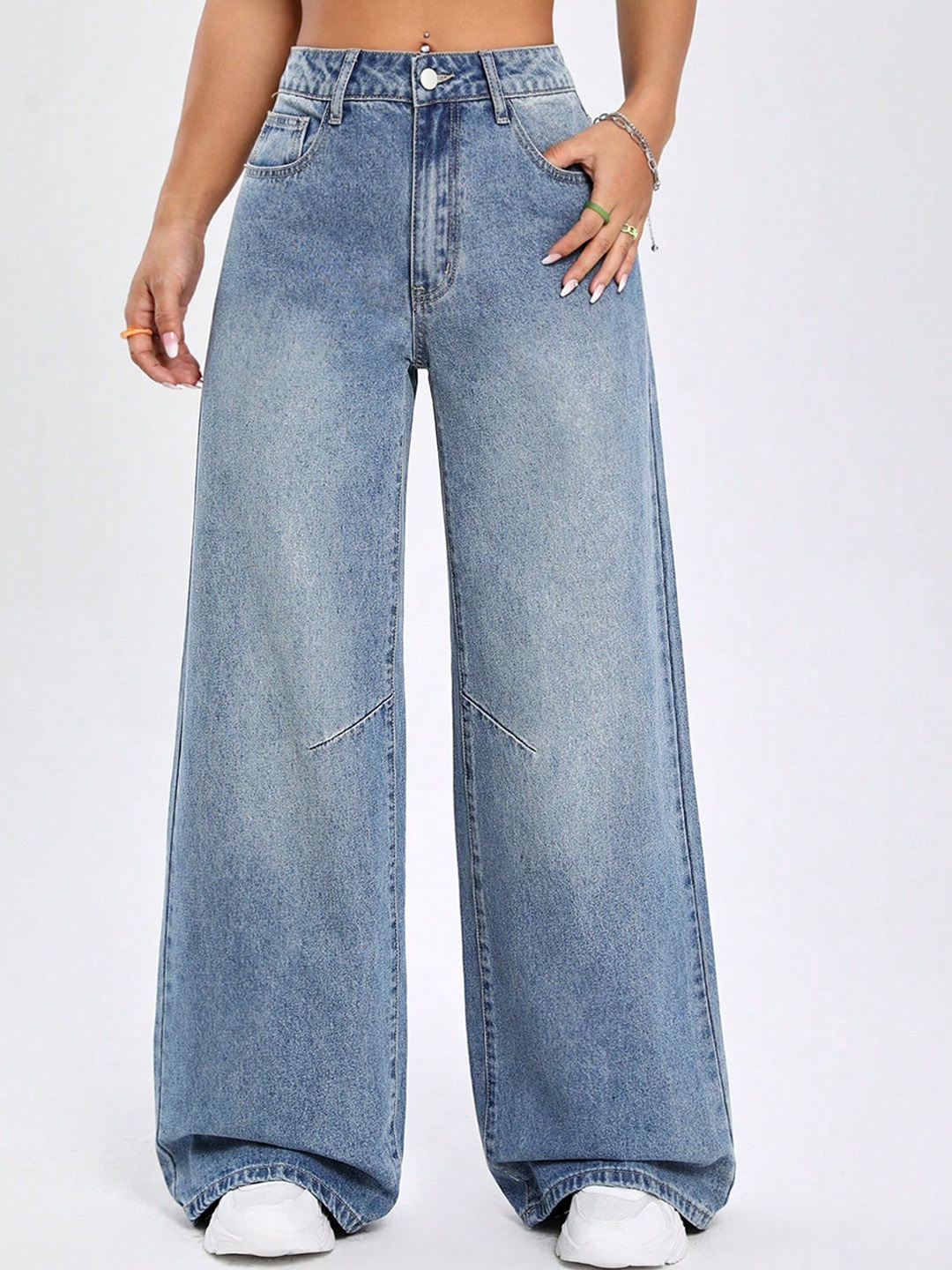 

Stylecast X Kotty Women Wide Leg High-Rise Light Fade Stretchable Jeans, Blue