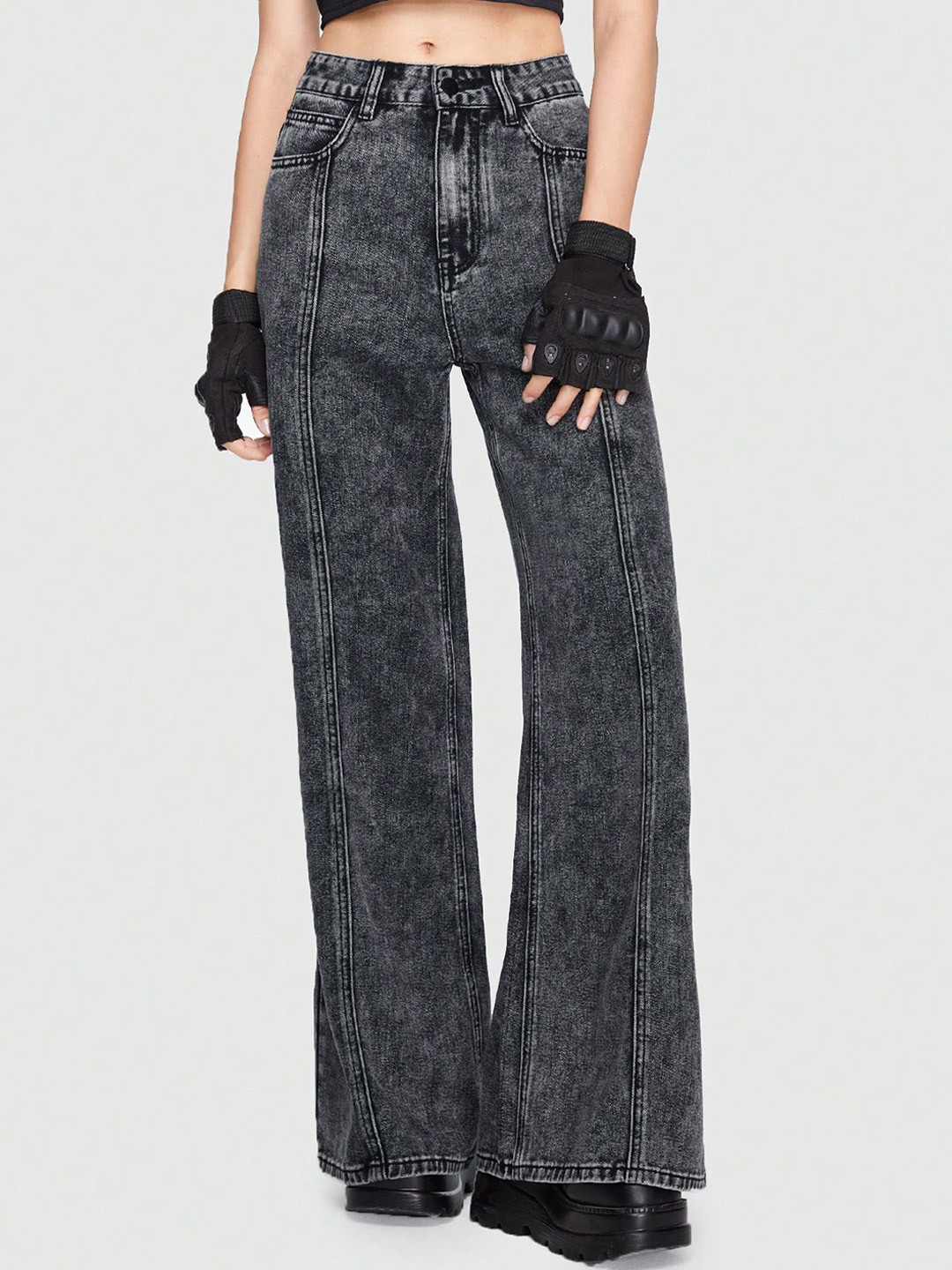 

Stylecast X Kotty Women Wide Leg High-Rise Heavy Fade Stretchable Jeans, Black