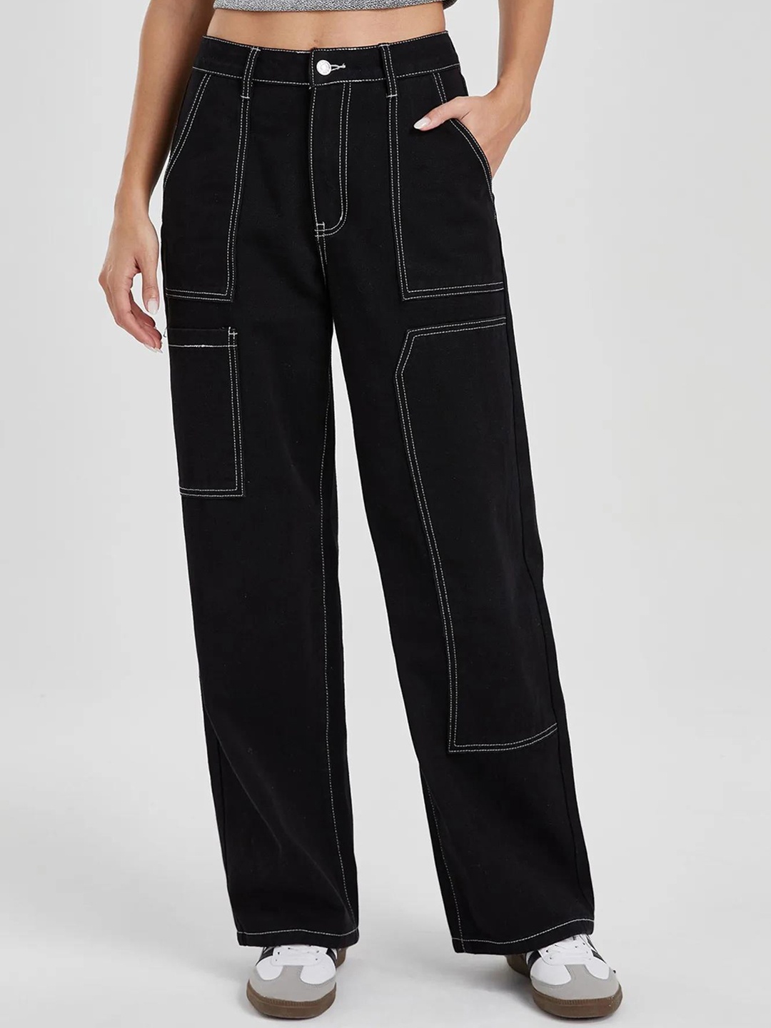 

Stylecast X Kotty Women Straight Fit High-Rise Stretchable Cargo Jeans, Black