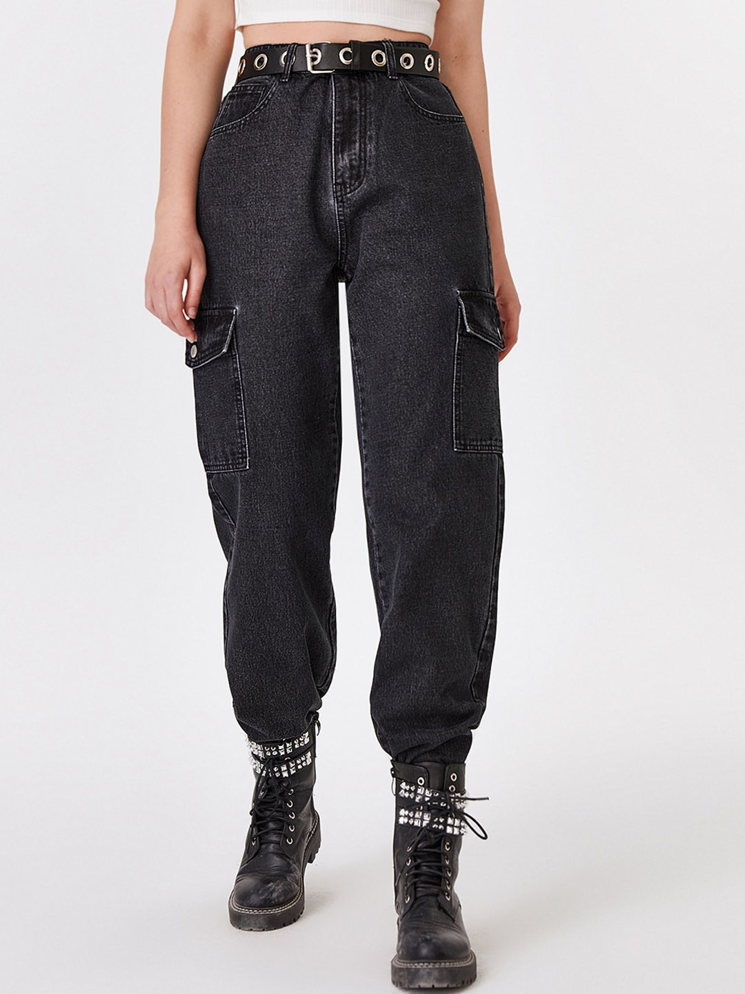 

Stylecast X Kotty Women Straight Fit High-Rise Stretchable Flap Pocket Cargo Jeans, Black