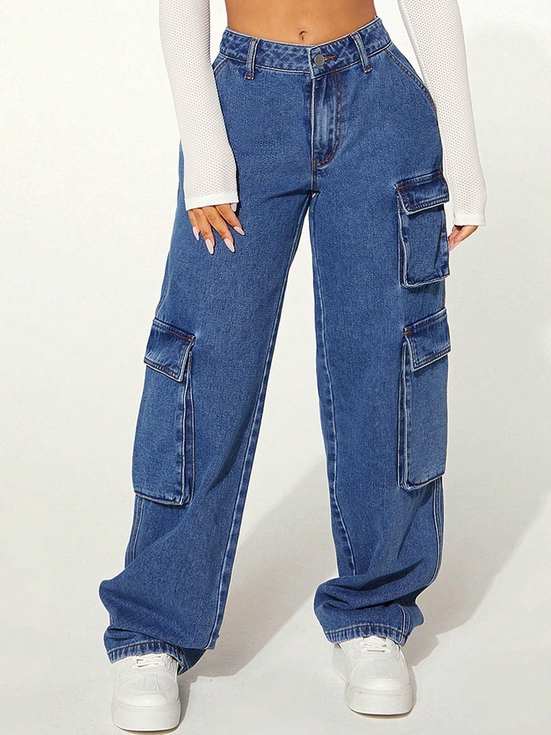 

Stylecast X Kotty Women Wide Leg High-Rise Stretchable Flap Pocket Cargo Jeans, Blue