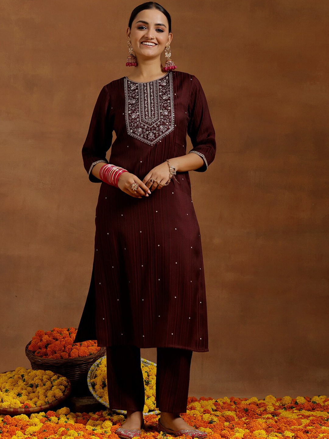 

Libas Ethnic Motifs Yoke Design Beads and Stones Straight Kurta with Trousers, Maroon