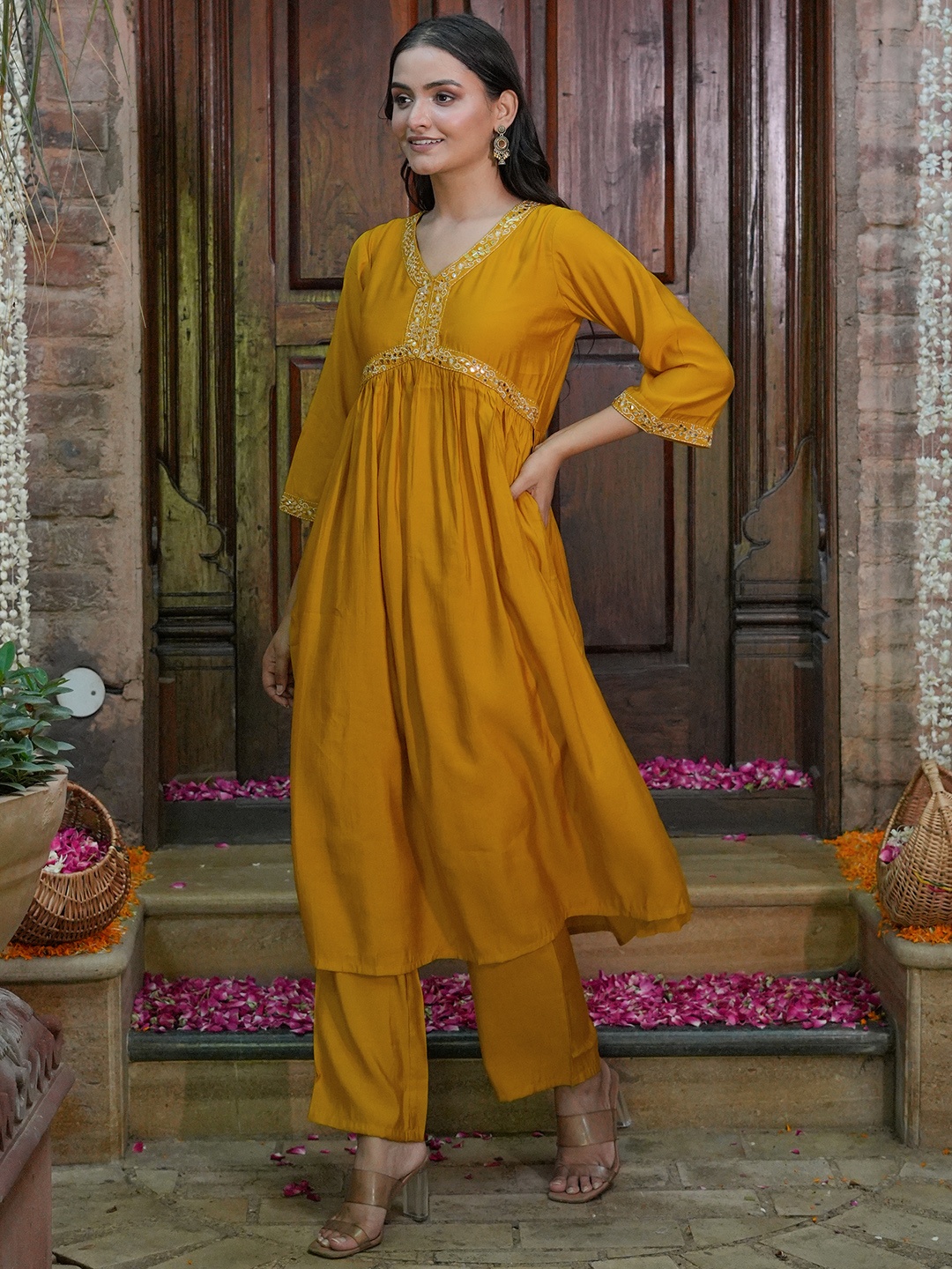 

Libas Floral Yoke Design V-Neck Three-Quarter Sleeves Kurta with Trousers, Mustard