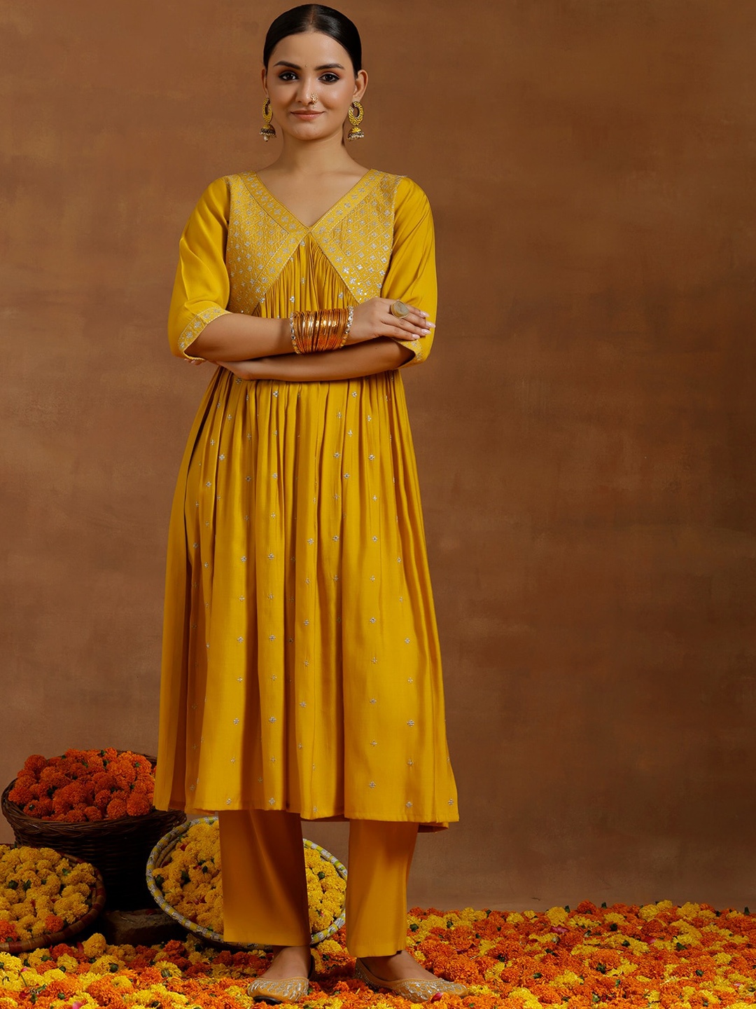 

Libas Ethnic Motifs Embroidered Thread Work Straight Kurta with Trousers, Mustard