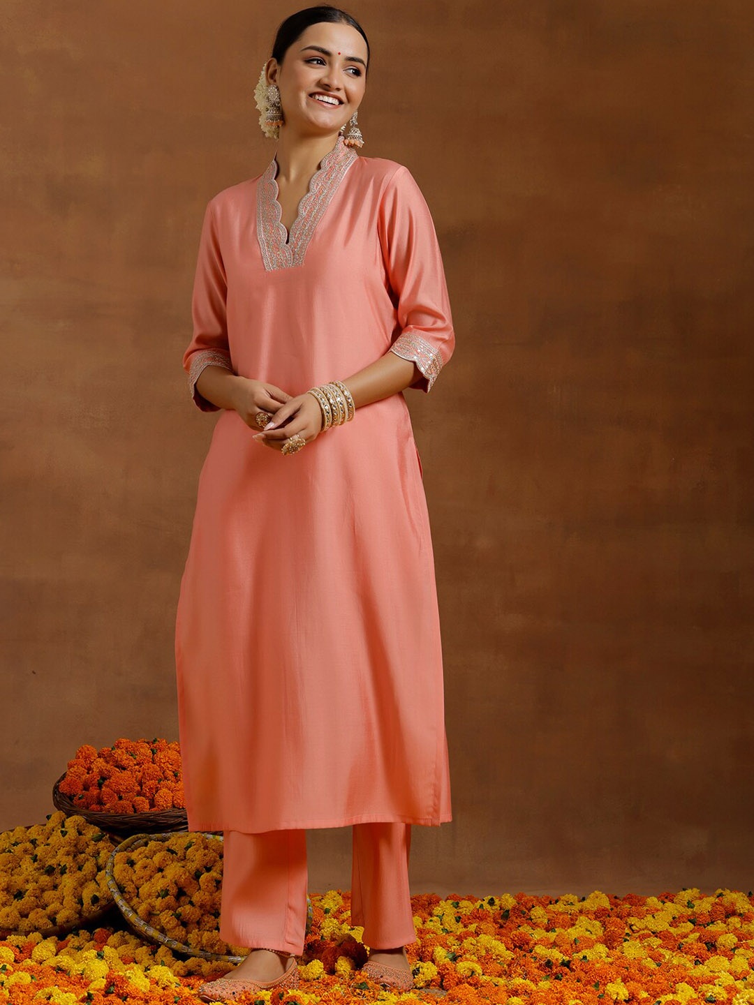 

Libas Ethnic Motifs Embroidered Sequinned Straight Kurta with Trousers, Peach