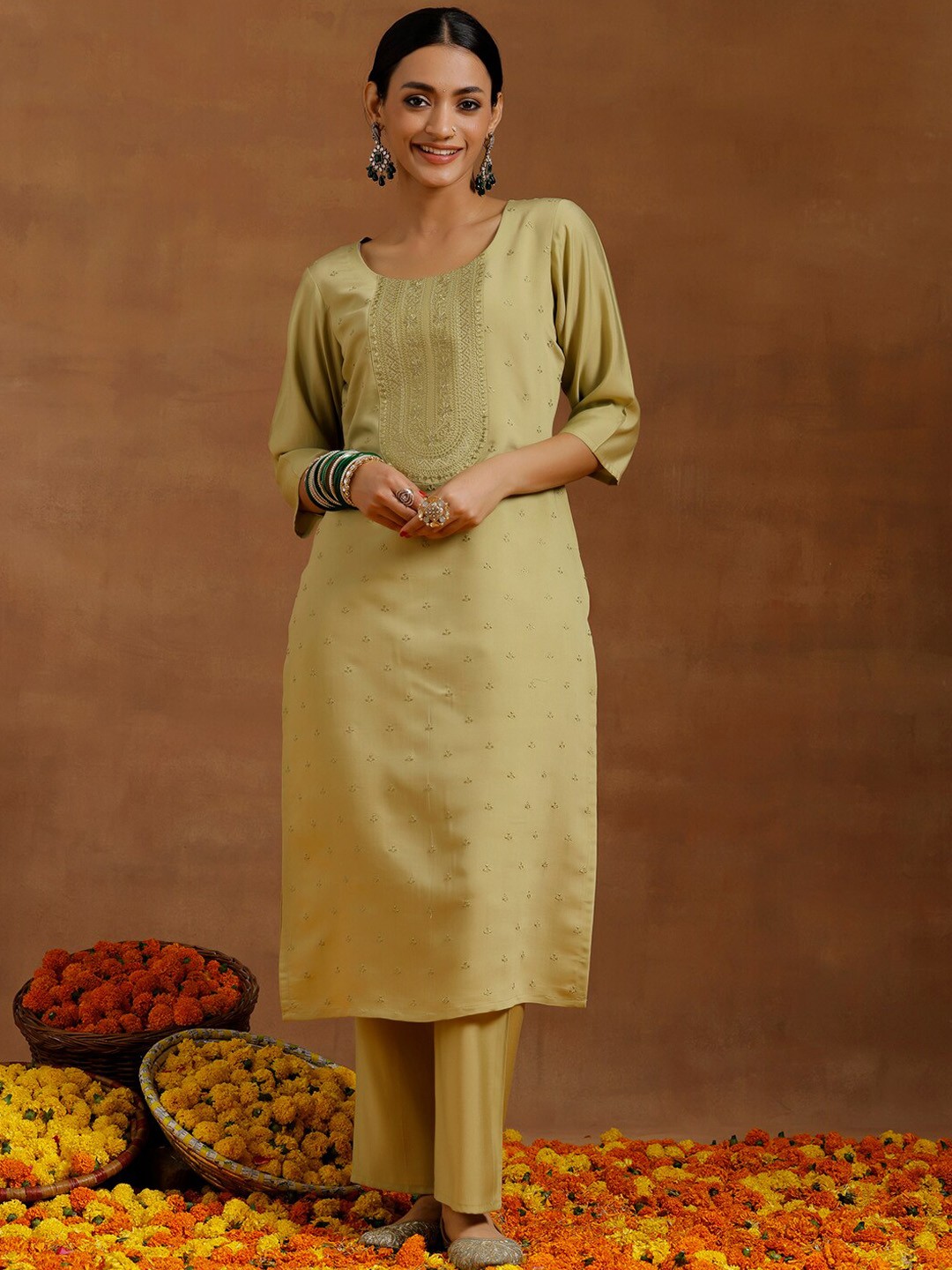 

Libas Women Floral Embroidered Regular Sequinned Kurta with Trousers, Green