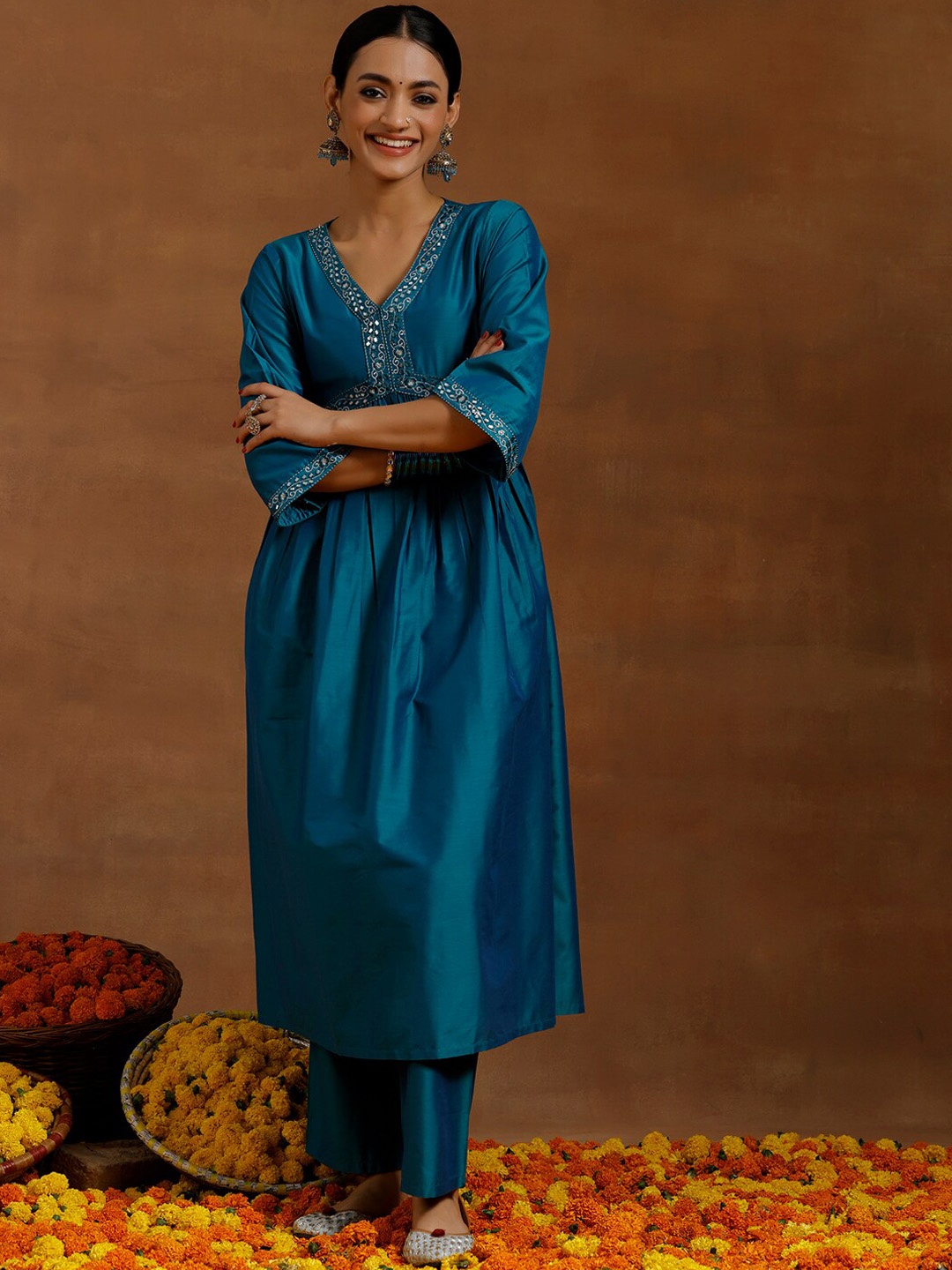 

Libas Women Embroidered Empire Mirror Work Kurta with Trousers, Teal