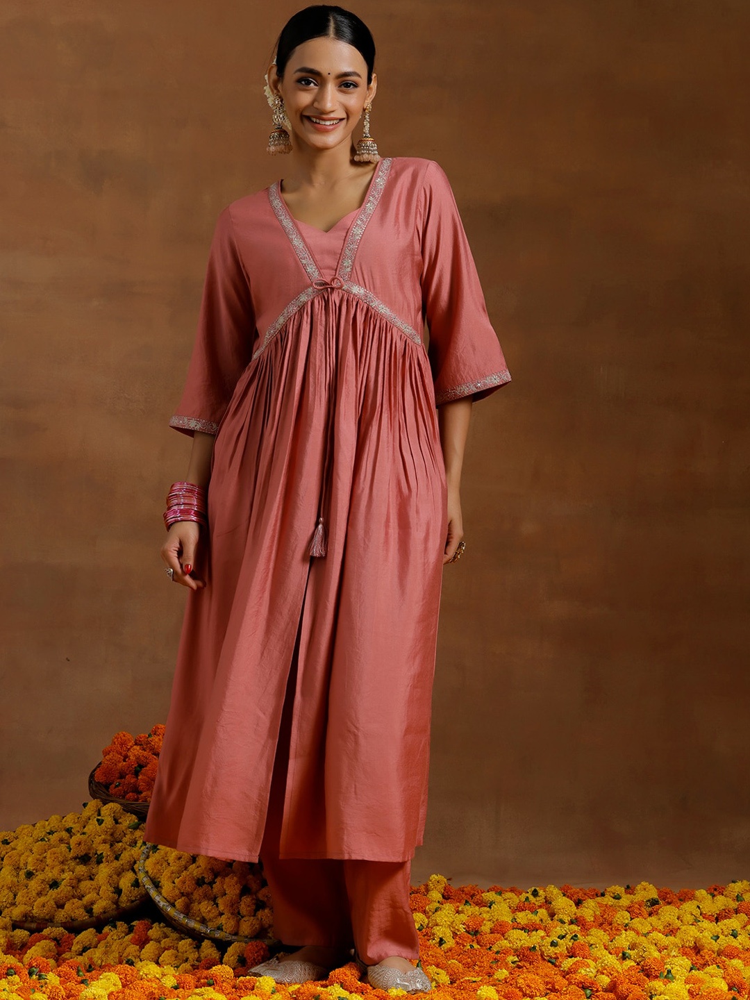 

Libas Embroidered V-Neck Three-Quarter Sleeves Sequinned Kurta with Trousers, Peach