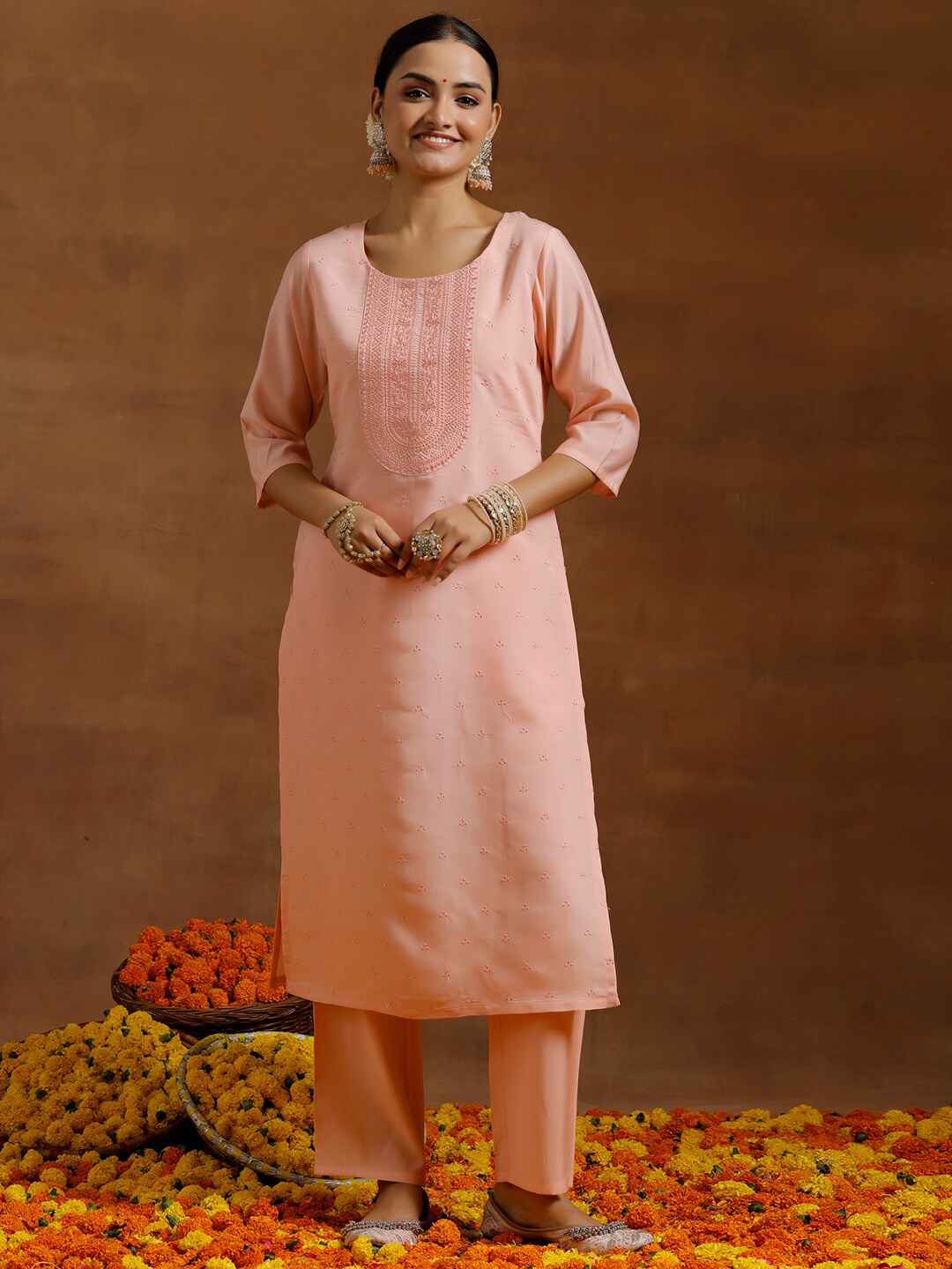 

Libas Women Floral Embroidered Regular Thread Work Kurta with Trousers, Peach