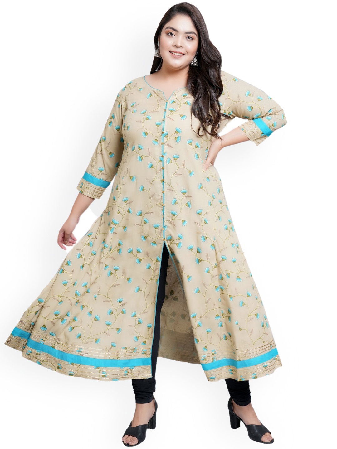 

KALINI Floral Printed Thread Work Plus Size Kurta, Khaki