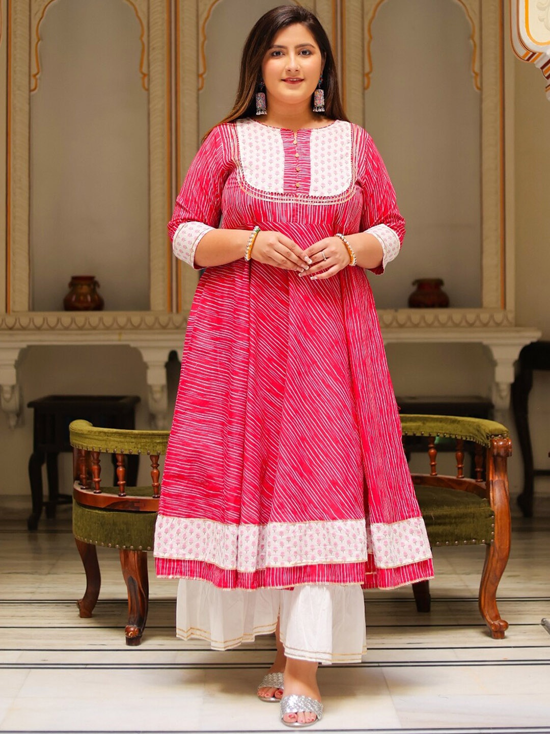 

KALINI Floral Printed Regular Gotta Patti Cotton Plus Size Anarkali Kurta, Pink