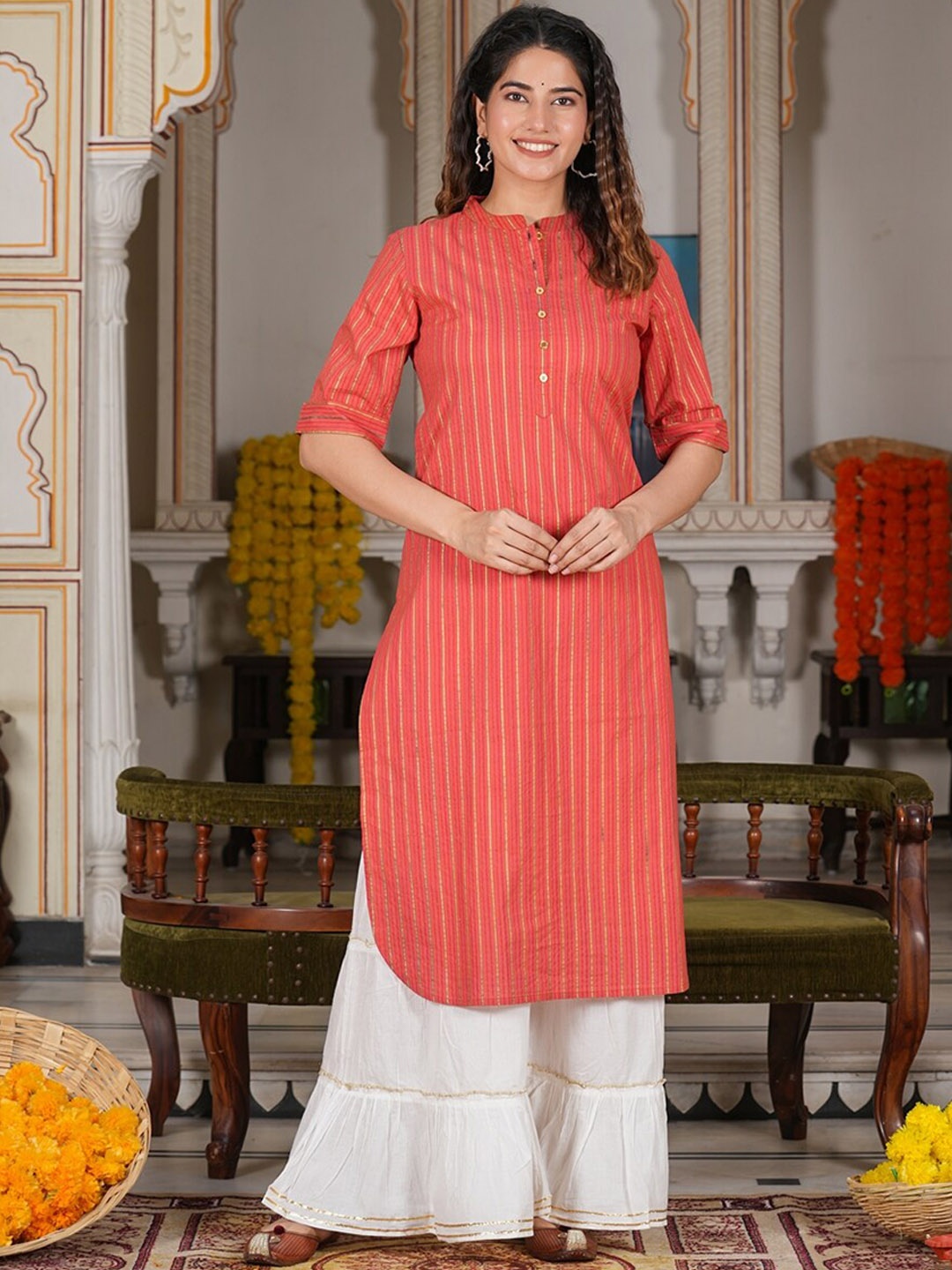 

KALINI Vertical Striped Cotton Straight Kurta, Red