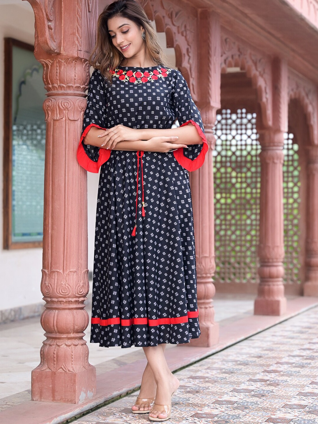 

KALINI Ethnic Motifs Embroidered Cotton A-Line Ethnic Dresses, Black