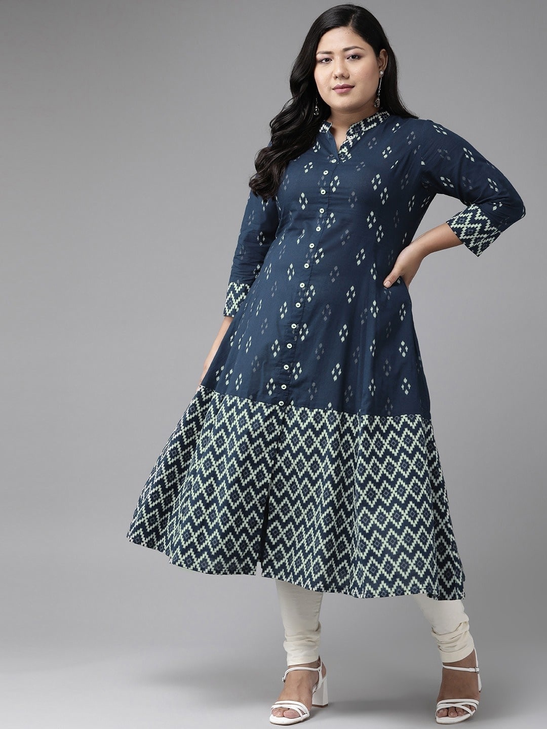 

KALINI Plus Size Geometric Printed Mandarin Collar Cotton Anarkali Kurta, Blue