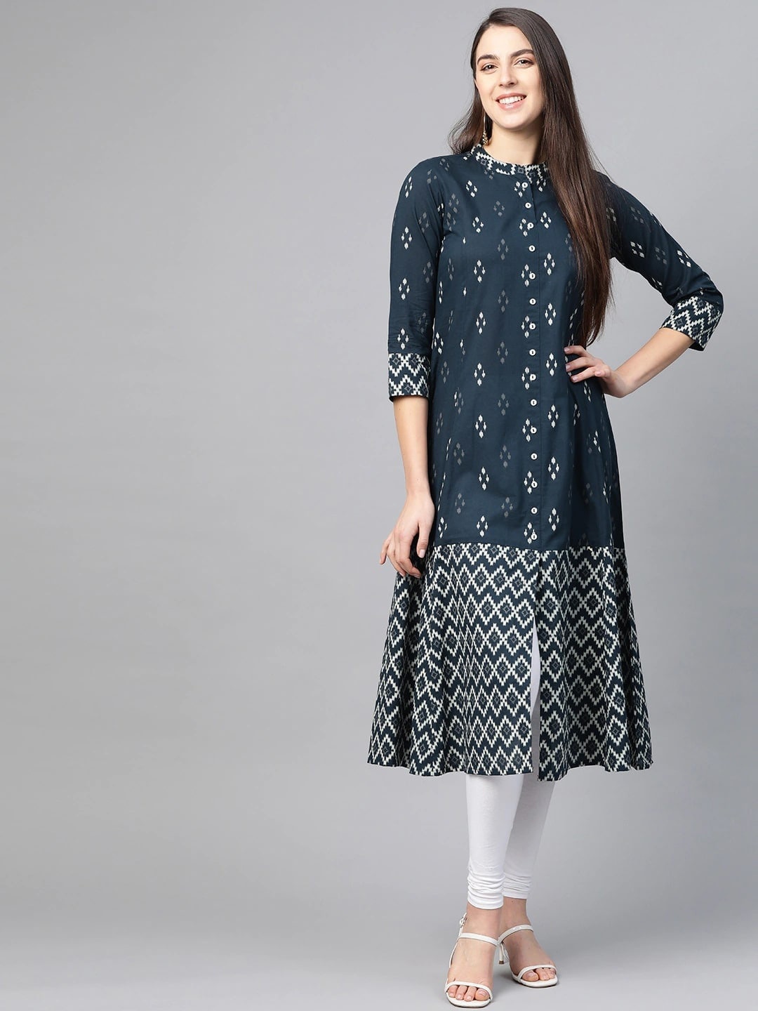 

KALINI Geometric Printed Mandarin Collar Cotton A Line Kurta, Blue