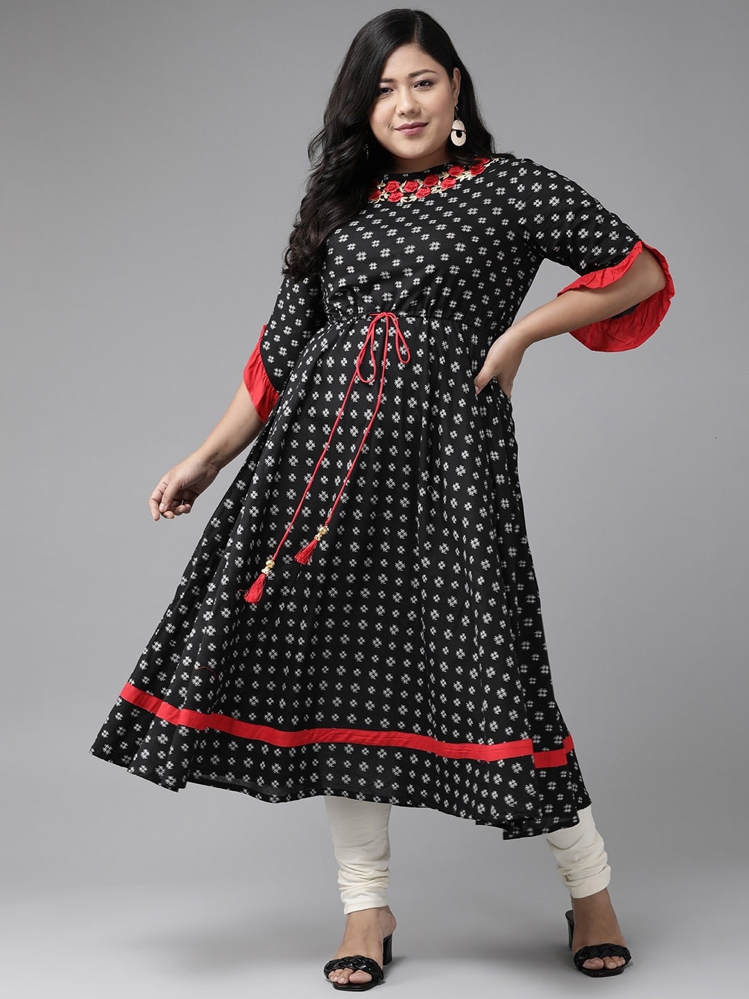 

KALINI Geometric Printed Flared Sleeves Thread Work Plus Size Anarkali Kurta, Black