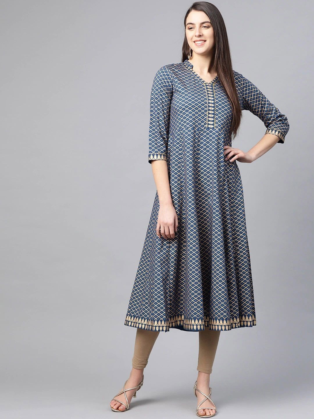 

KALINI Geometric Printed Band Collar Gotta Patti Anarkali Kurta, Blue