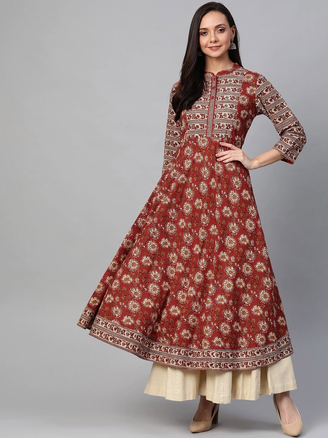 

KALINI Floral Printed Mandarin Collar Flared Sleeves Cotton Anarkali Kurta, Maroon