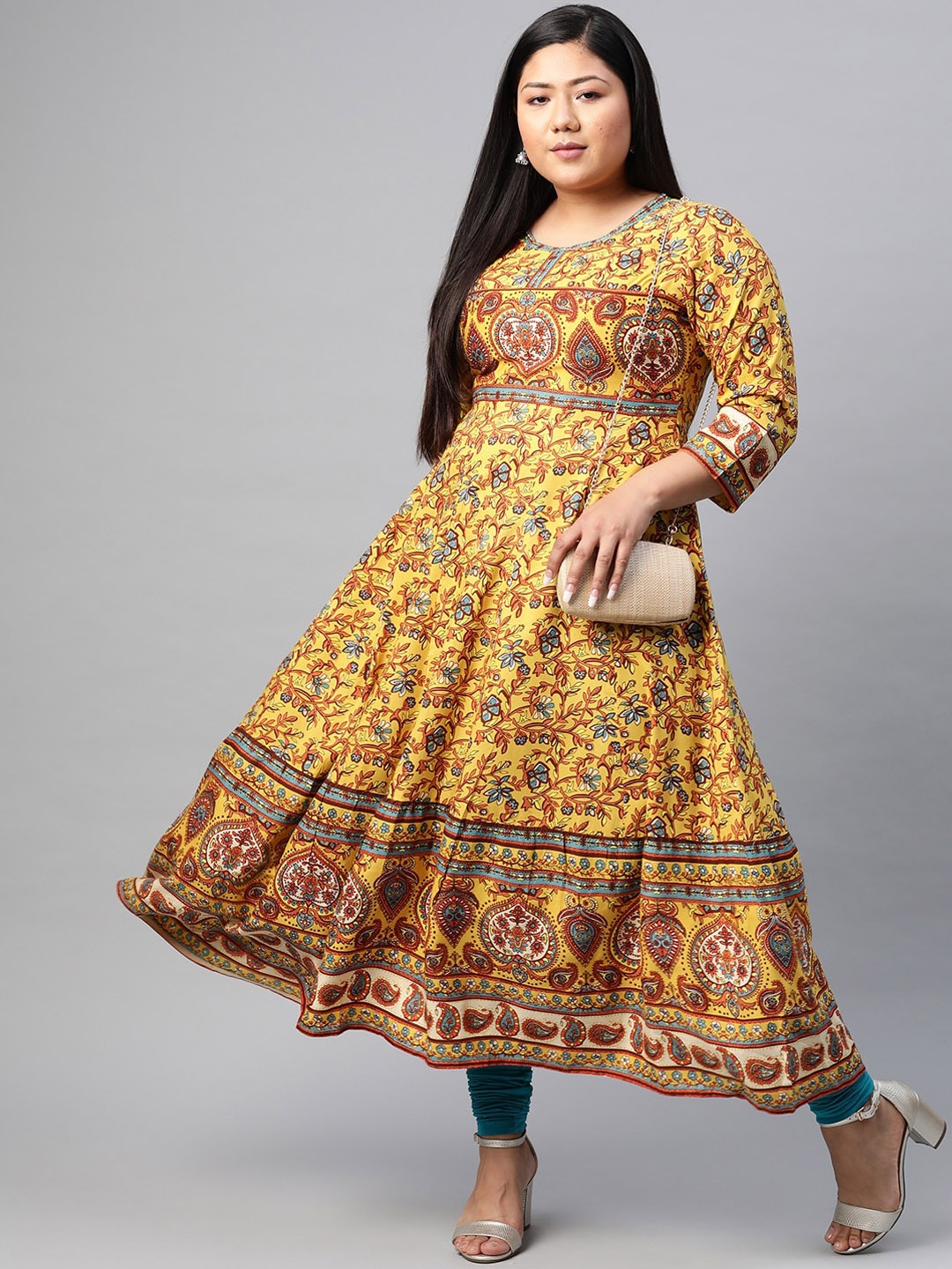 

KALINI Floral Printed Plus Size Anarkali Kurta, Mustard