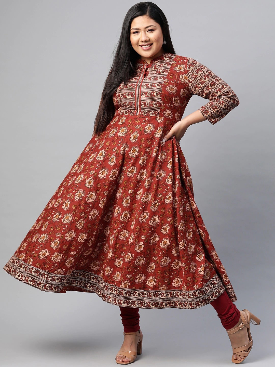

KALINI Plus Size Floral Printed Mandarin Collar Cotton Anarkali Kurta, Maroon