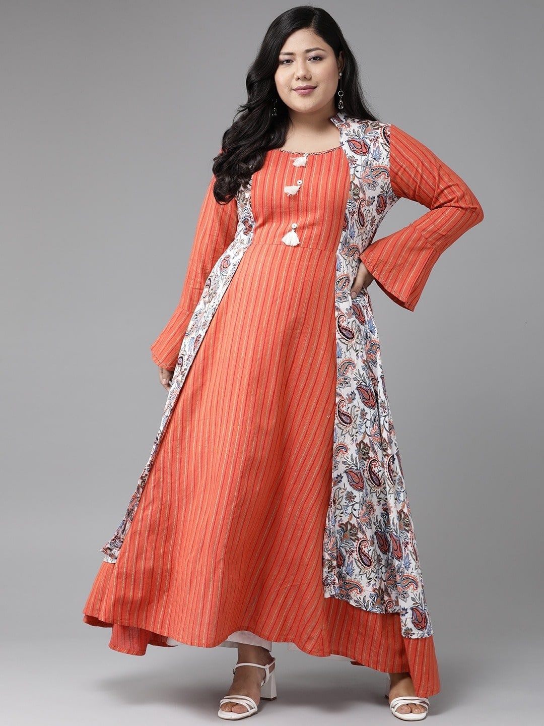 

KALINI Striped Printed Round Neck Thread Work Plus Size Anarkali Kurta, Rust