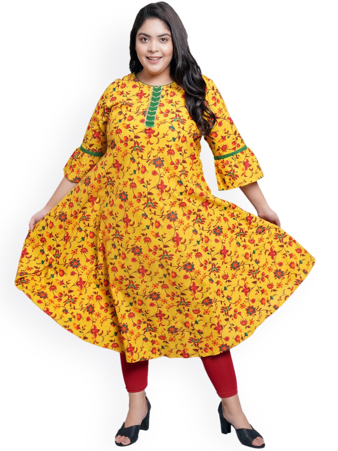 

KALINI Floral Printed Round Neck Cotton Plus Size Anarkali Kurta, Mustard