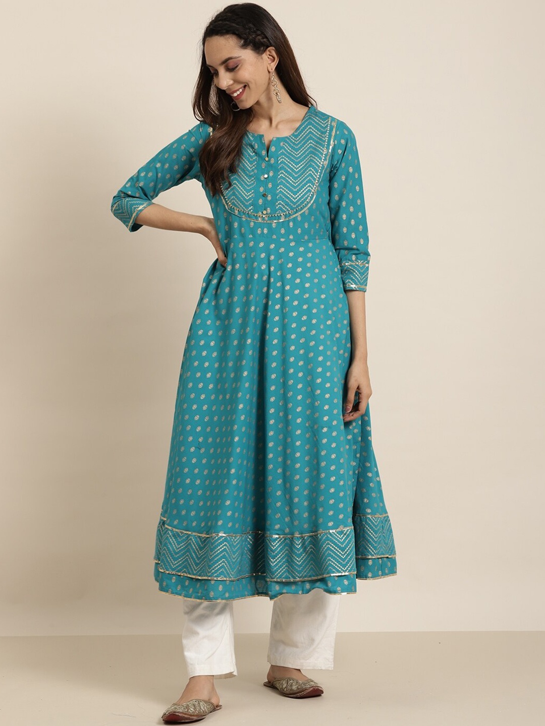 

KALINI Women Ethnic Motifs Printed Thread Work Kurta, Teal