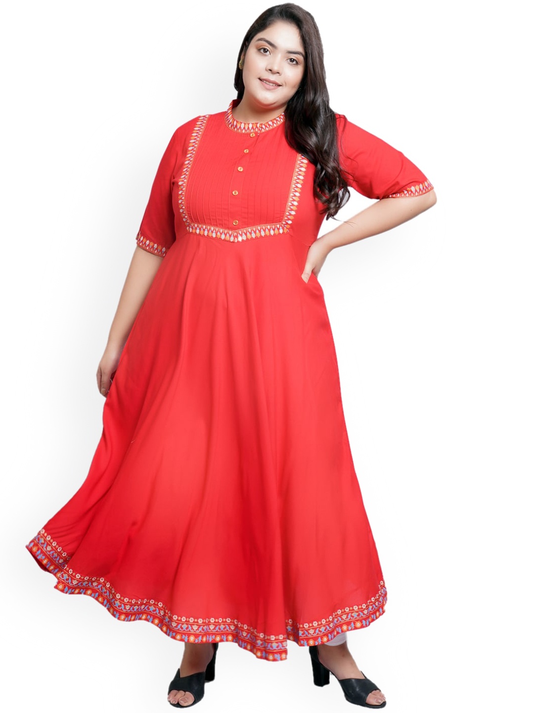 

KALINI Thread Work Pintucks Plus Size Anarkali Kurta, Red